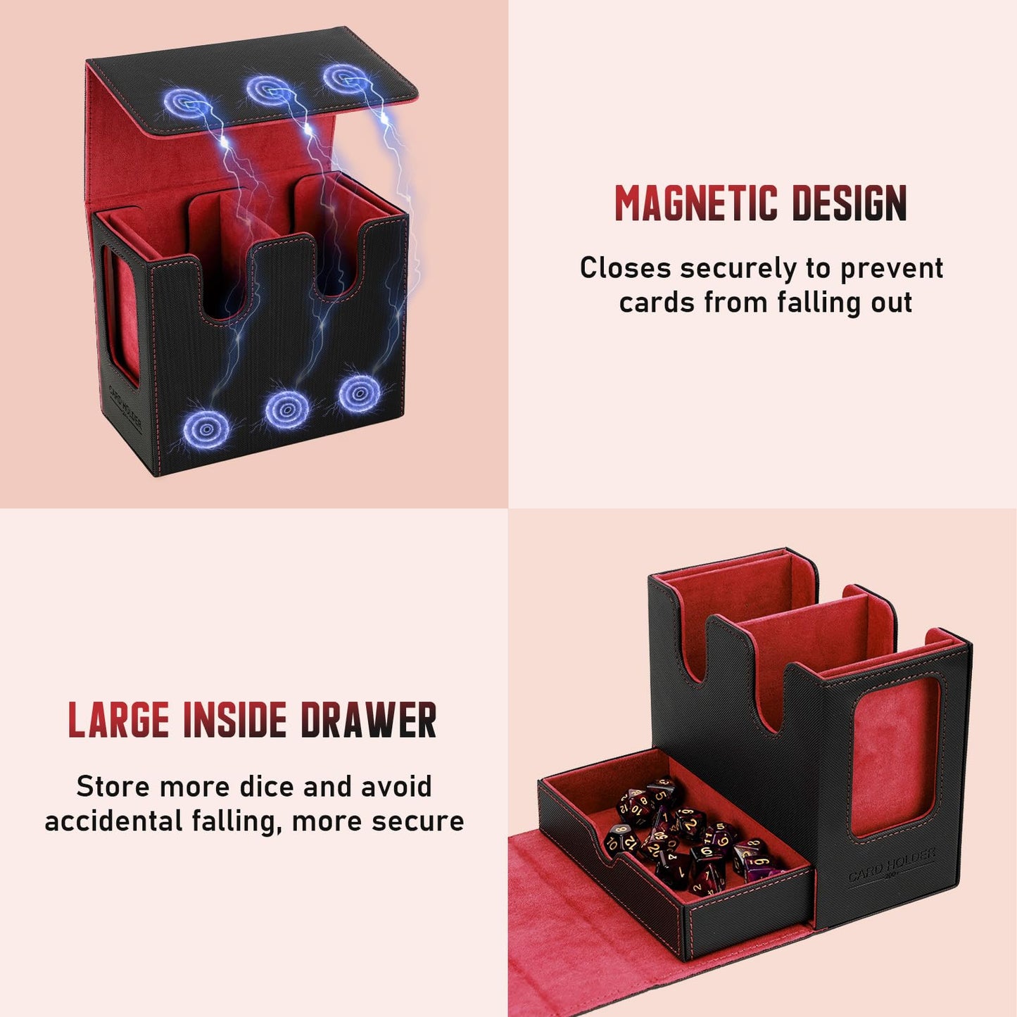 TiMOVO MTG Deck Box  MTG Commander Card Deck Box with Commander Display & Dice Tray Fits 400+ Unsleeved Cards  Leather Magnetic Card Storage Case with 6 Dividers for TCG CCG Magic Cards  Black+Red