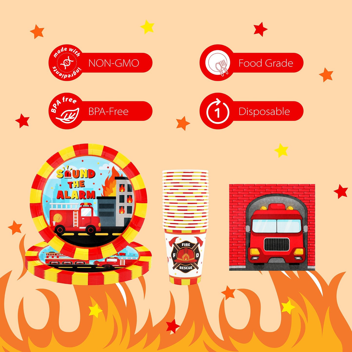 Firetruck Birthday Party Supplies Decorations, Fire Truck Theme Paper Plates And Napkins Set For 24 Guests, 120 Pcs Disposable F