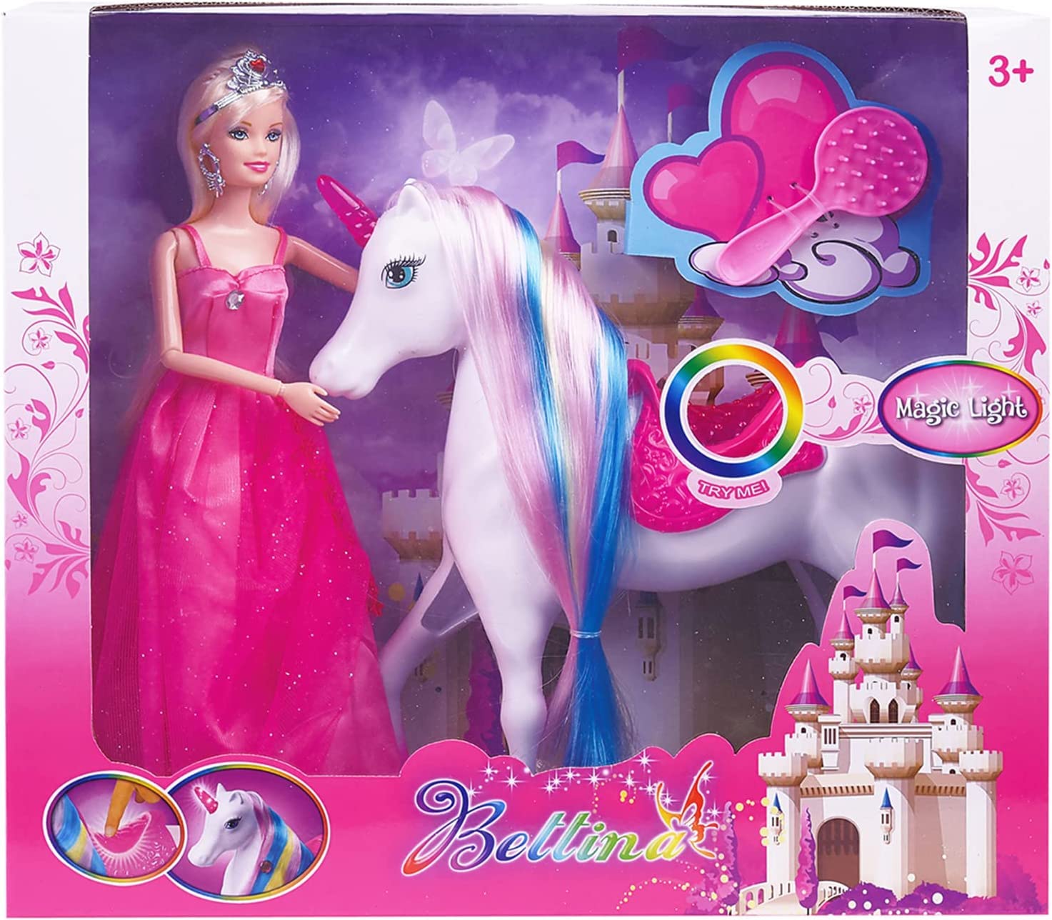White Unicorn with Magic Light Horn and Fairy Tale Princess Doll 11.5, W/Comb and Crystal Crown, Girls Unicorn Doll Toys Gifts,