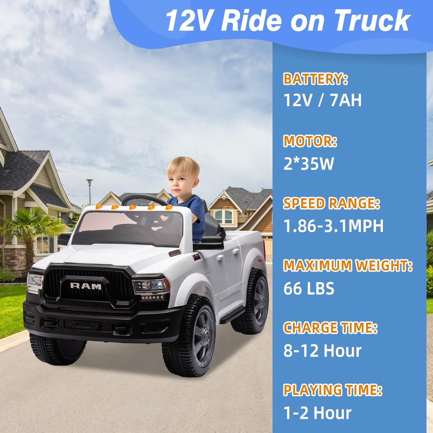 12V Ride on Toys for Kids 4-8, Licensed Ram 2500, Electric Car for Kids, with Remote Control, LED Light/Music/MP3, Back Storage