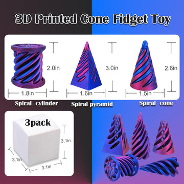 3D Printed Magic Pass-through Pyramid, Cone Fidget, Cylinder Anxiety Relief for Desktop - Decoration Set of 3, Laser Purple