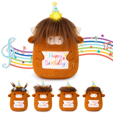 Highland Cow Birthday Stuffed Animal,8inch Long Hair Cow Plush with Happy Brithday Song Led Ligth Hat,Huggable Brown Plush Cow C