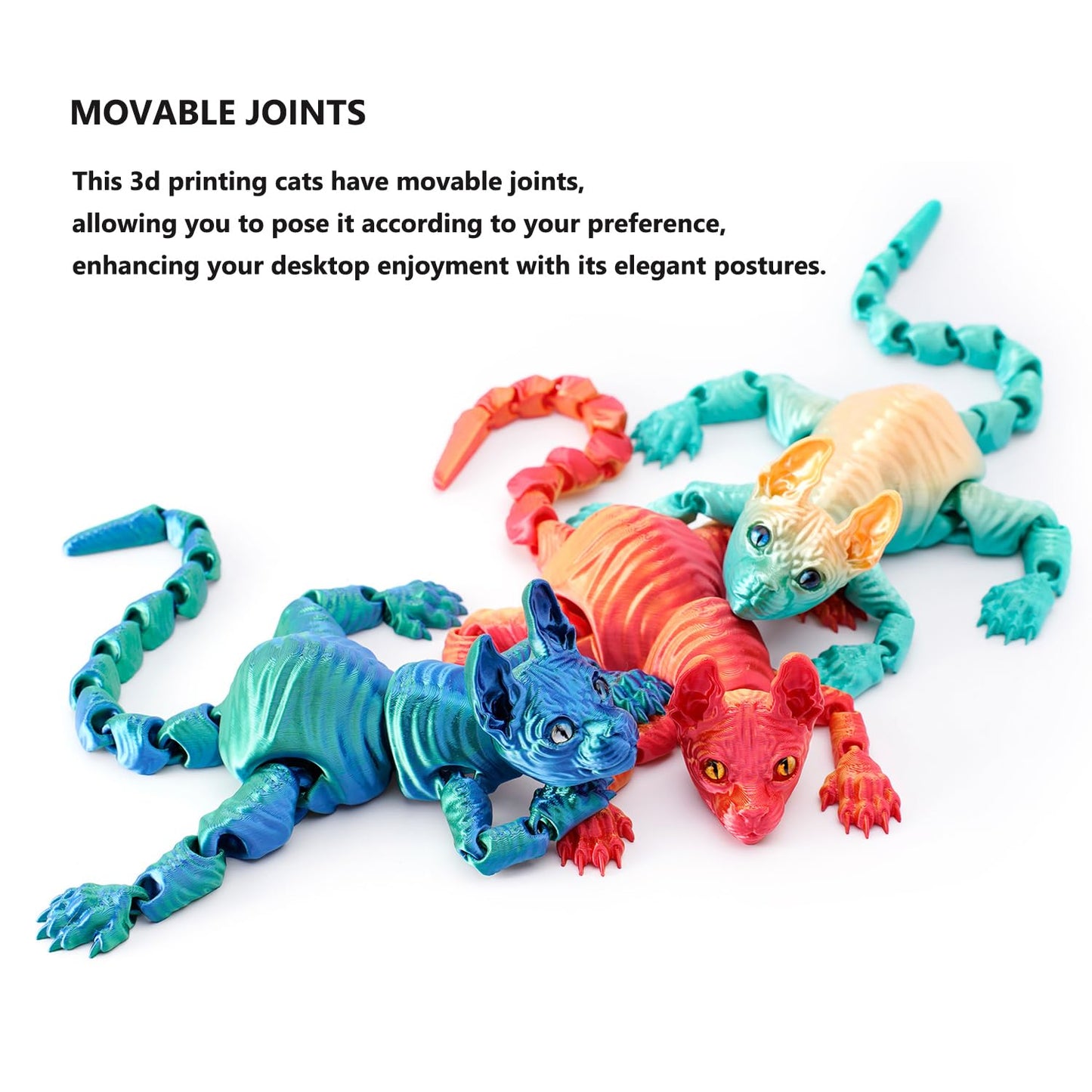 QINGMIAO 3D Printed Cat  Articulated Hairless Cat Toys for mature-themed  3D Print Animals Fidget Toys Decor for Stress Relief  3D Printing Cute Cat Desktop Pet (Rianbow)