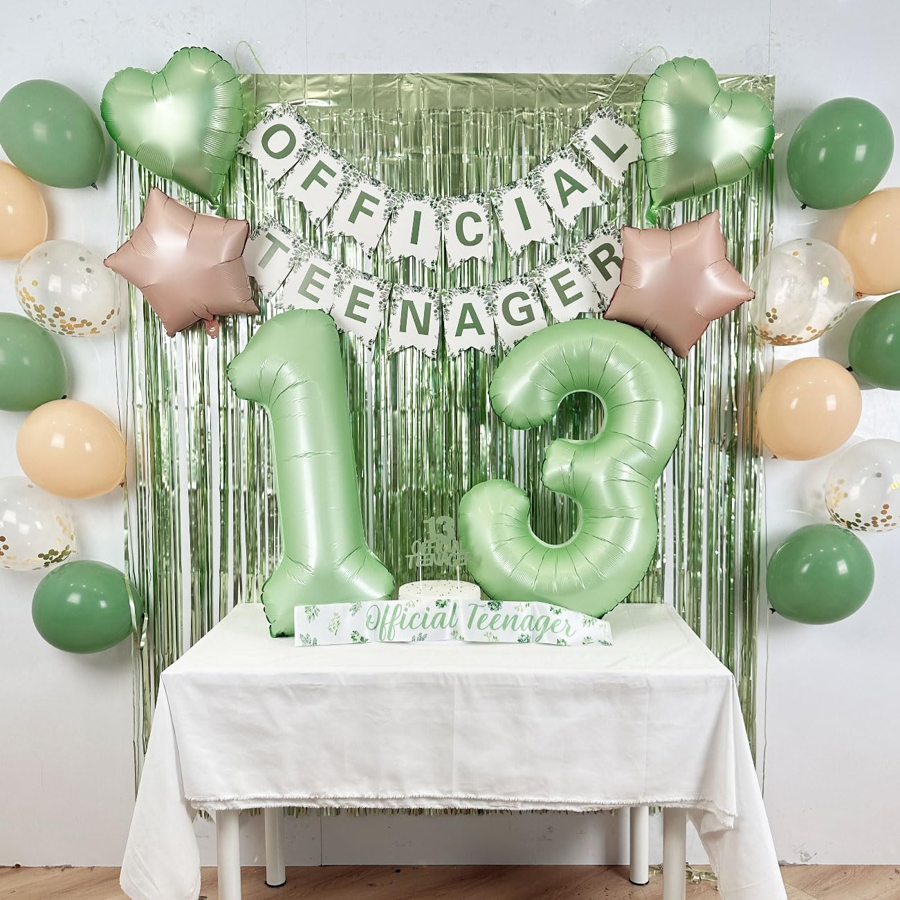 Sage Green 13th Birthday Decorations Kit - Official Teenager Banner, Cake Topper, Green Balloons, Party Supplies for 13 Years Ol