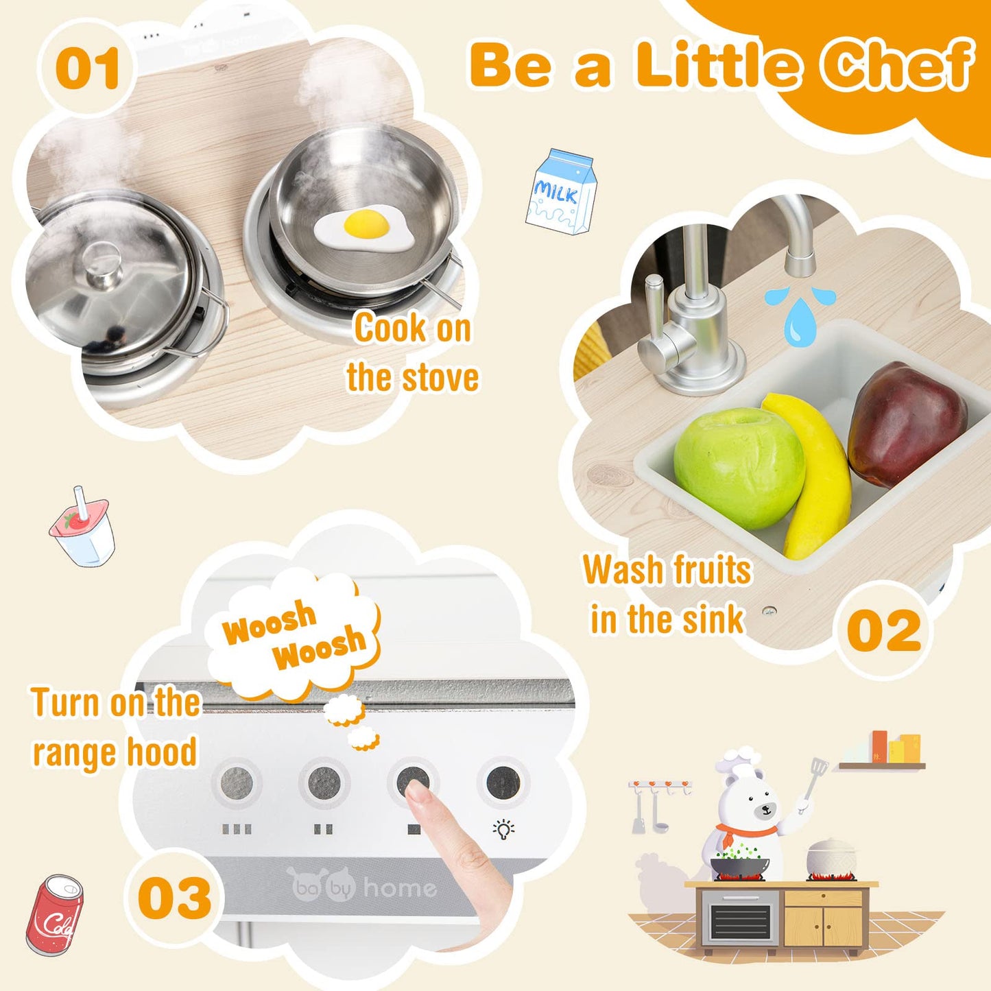 HONEY JOY Corner Kids Kitchen Playset, Little Chef Wooden Play Kitchen for Toddlers, Water Dispenser, Microwave, Range Hood, Ref