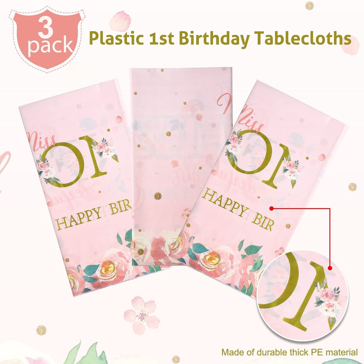 Tatuo 3 Pieces 1st Birthday Party Tablecloth Flower One First Birthday Table Cover Disposable Floral Miss Onederful Plastic Tabl