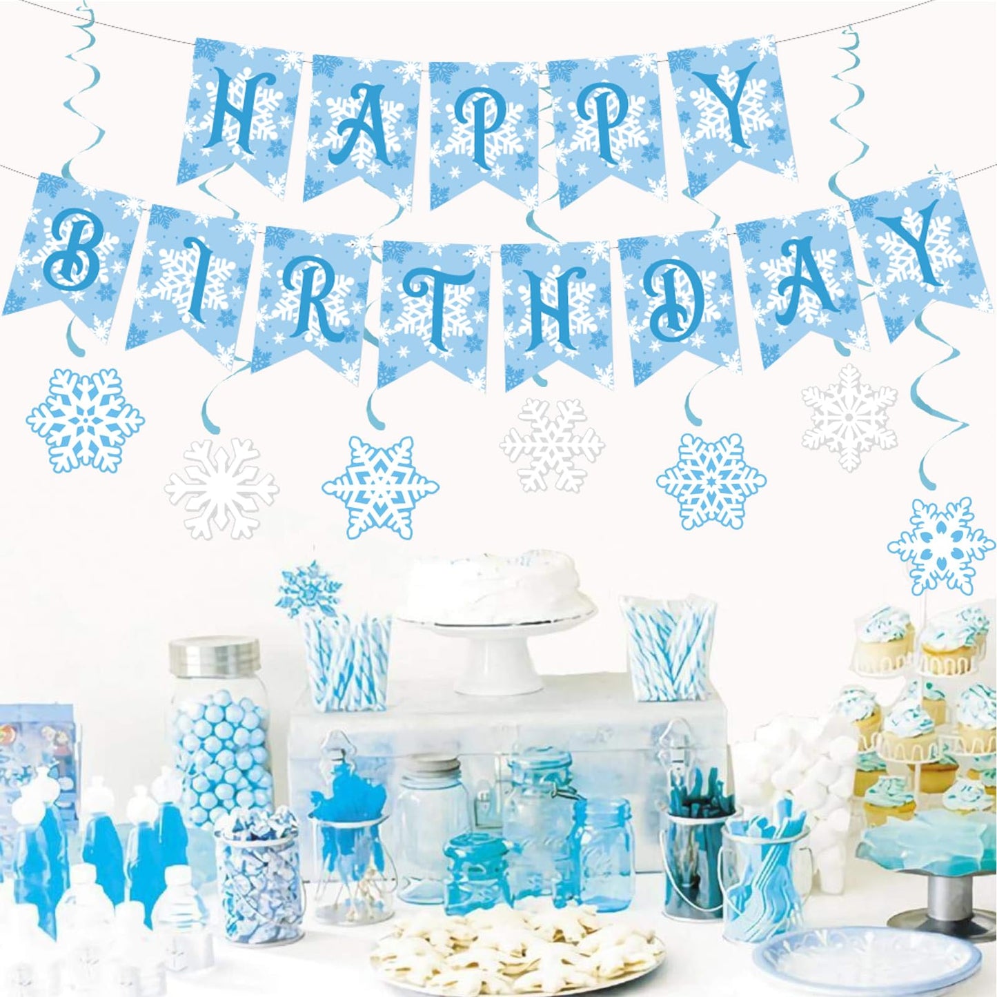 Zwiebeco Birthday Party Decoration Supplies Blue White Snowflakes Happy Birthday Sign Banner Hanging Paper Snowflake Swirls For