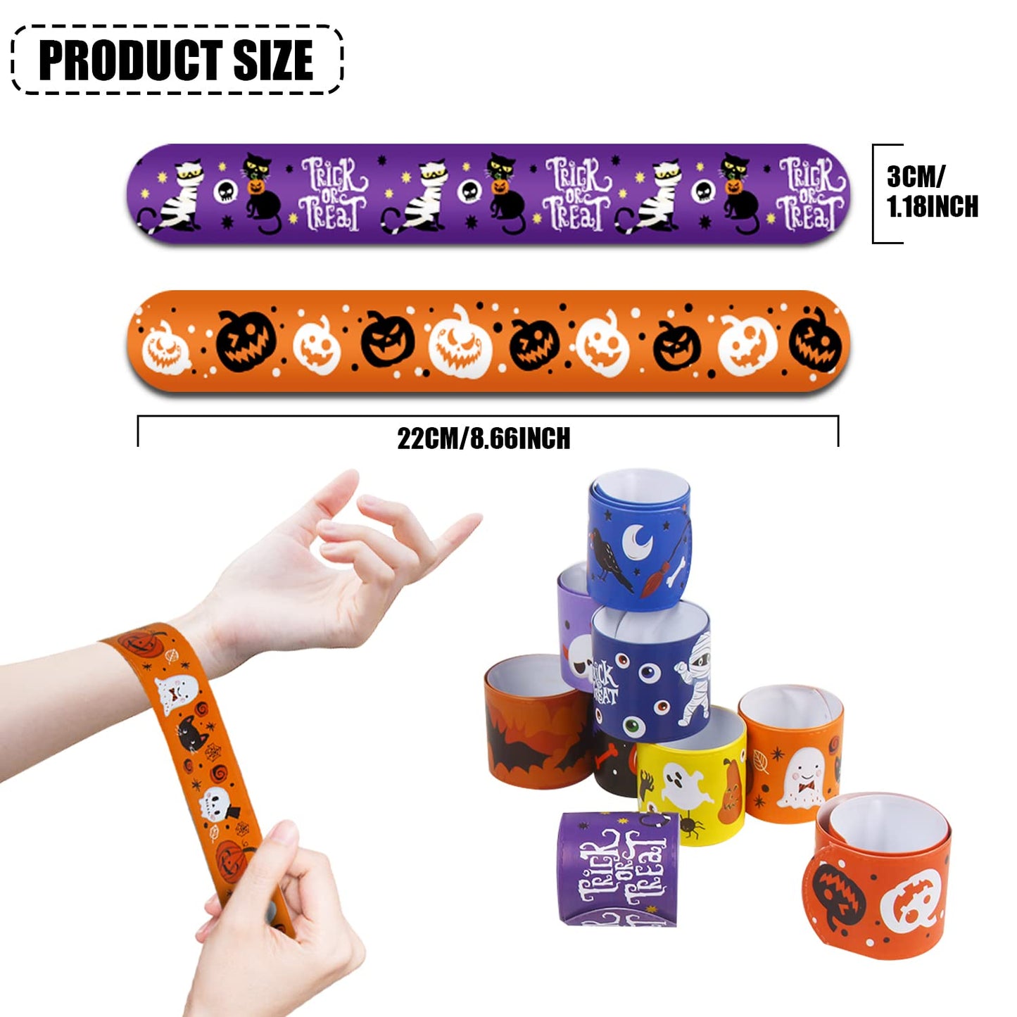 CCINEE 48pcs Halloween Slap Bracelets,Kids Snap Bracelet Wristbands with Assorted Bulk Pumpkin Zombie Skull Ghost Witches for Tr