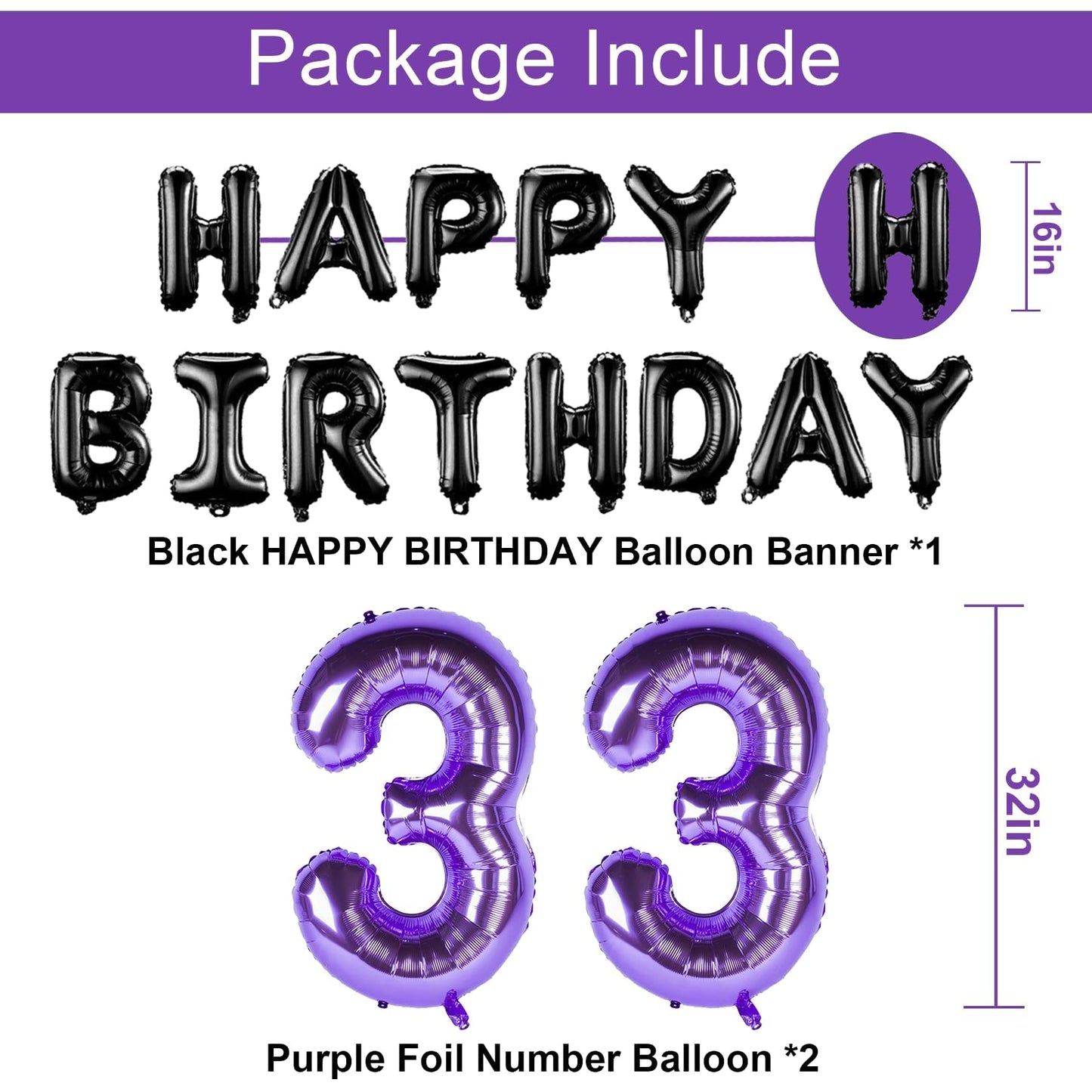 Naninuneno 33Rd Birthday Decorations Set For Girl Women Boy Men, Purple Black 33 Happy Birthday Balloons Supplies With Purple Nu