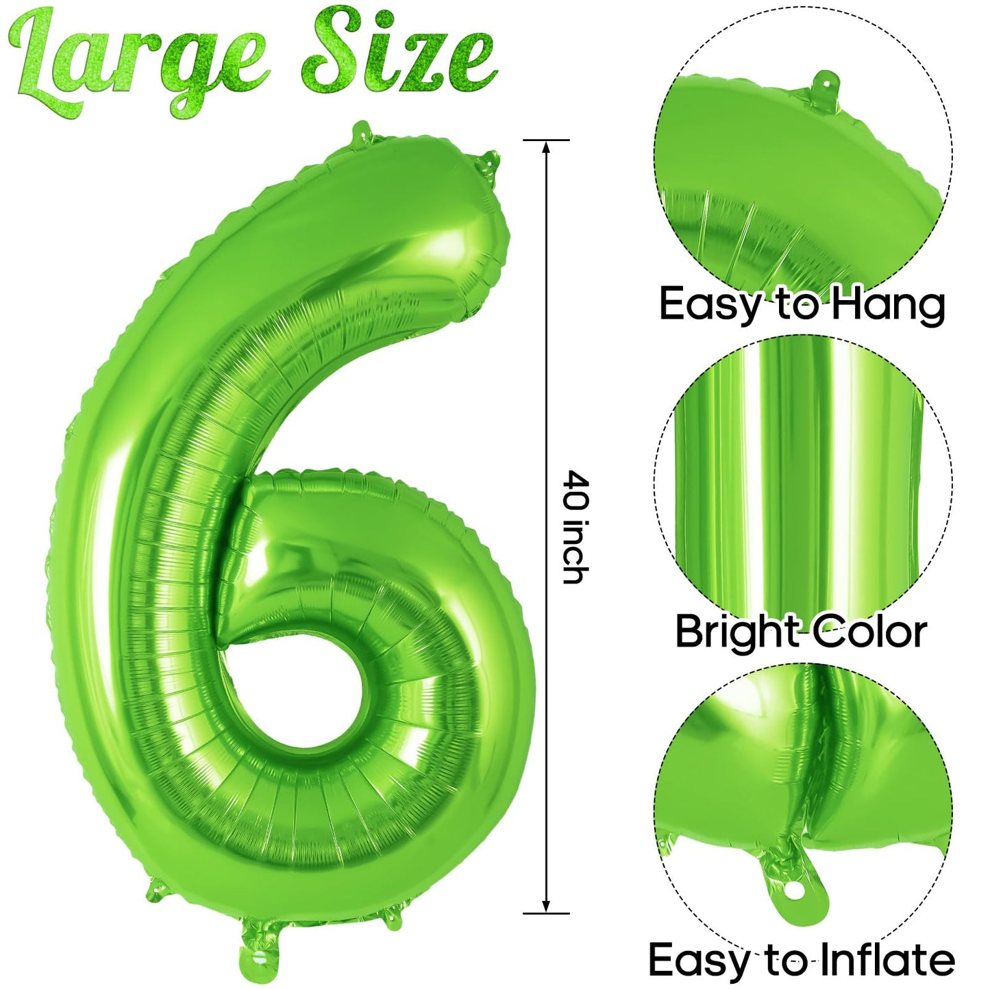 AIQINHU Green Foil Number 6 Balloon - 40 Inch Jumbo Mylar for 6th Birthday Party Decorations and Anniversary Celebrations