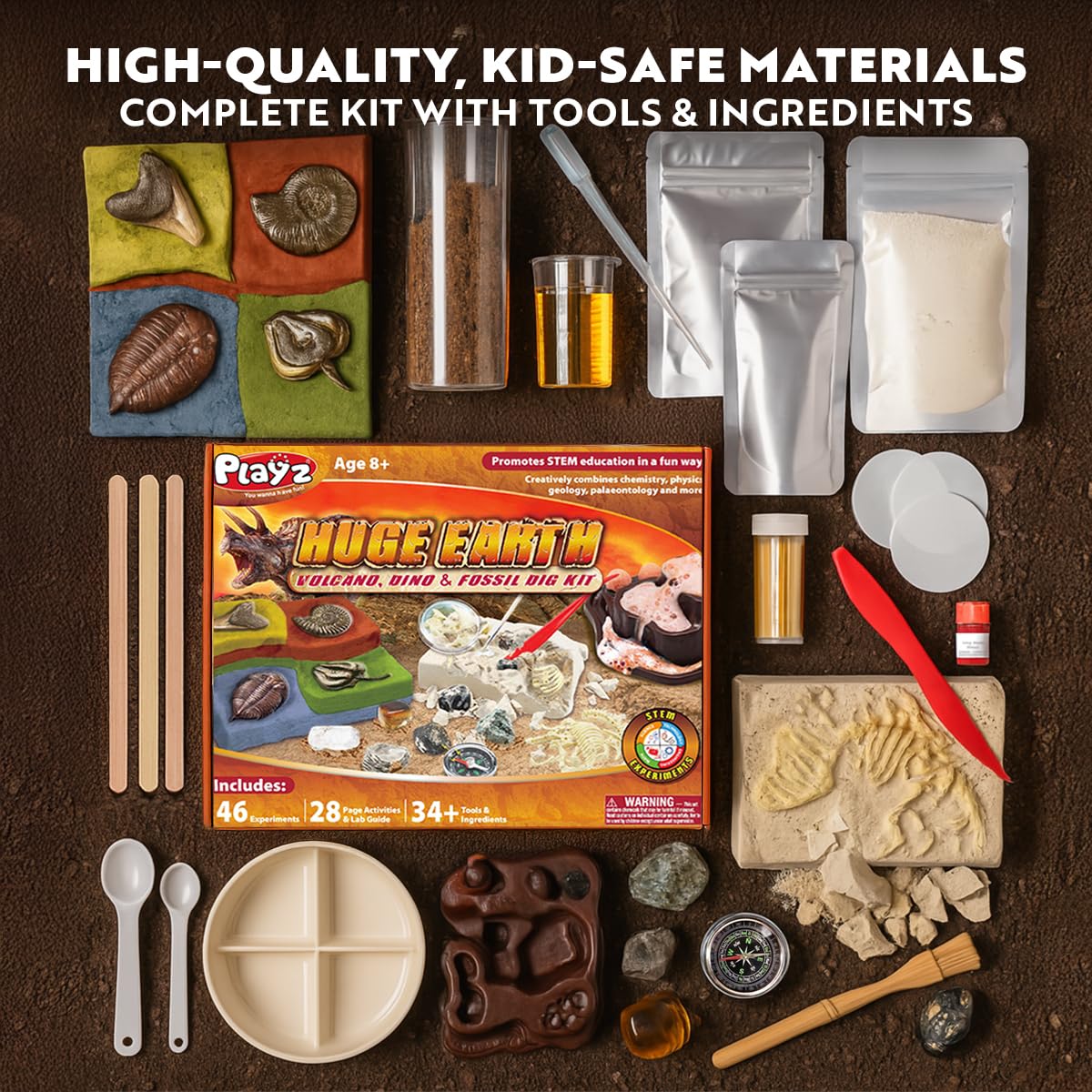 Playz Fossil Digging Kit For Kids Ages 6-12 - Dinosaur Fossil Excavation Tools, Paleontology Volcano Lab & Mining Activity Set