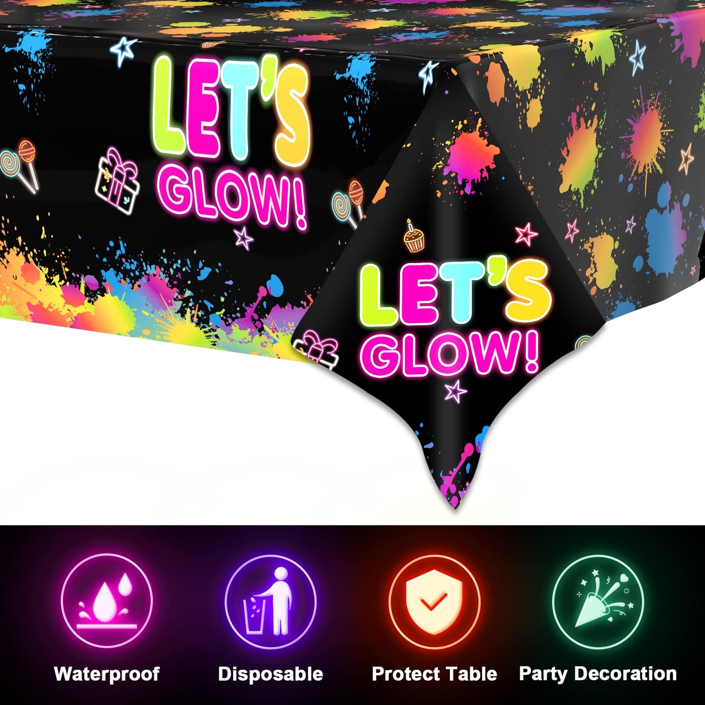3 Pcs Glow Party Table Covers Neon Party Tablecloths Glow In The Dark Party Tablecloths Decorations Neon Party Table Cover Supplies For Glow Party Favors, Neon Birthday Party And Black Light Party