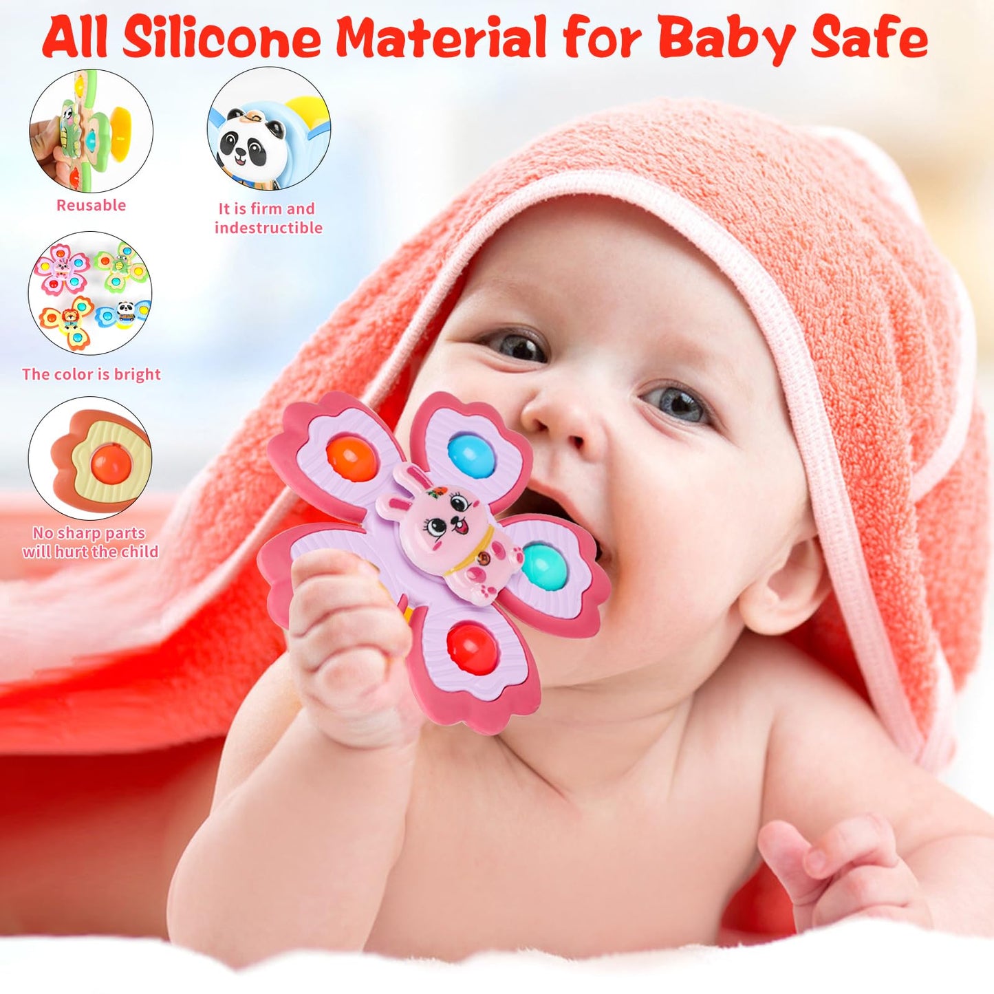Jofony 4 Pcs Suction Cup Spinners Toys For Baby,Spinning Toy For Baby 3-18 Months Toddlers Sensory Activity Fidget Bath Toy Educ