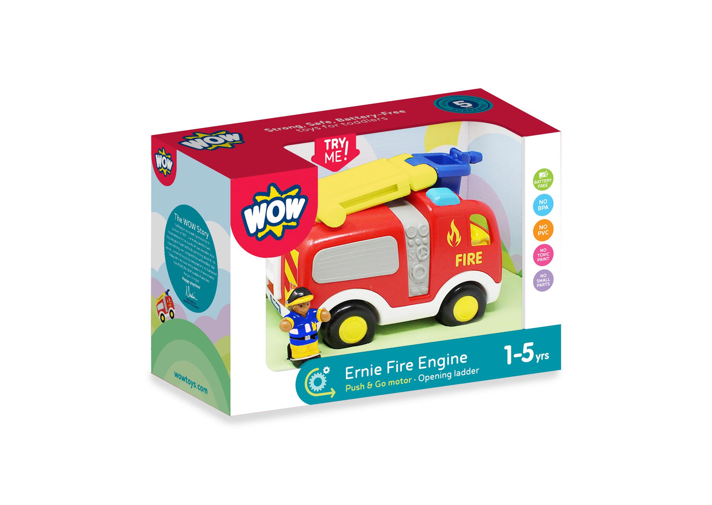 Wow Toys Ernie Fire Engine - Push-and-Go Fire Truck with Rotating Ladder & Firefighter Figures | No Batteries, Durable Toddler T