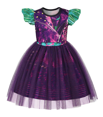 HenzWorld Girls Purple Dress Kids Costume Dress up for Girls Short Flutter Sleeve Tulle Dresses Halloween Cosplay Theme Party Ou