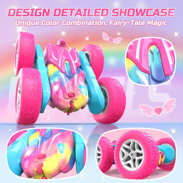DEERC Rainbow Remote Control Car for Girls, Pink RC Cars Toy with LED Lights, 2.4 GHZ Double Sided RC Stunt Drift Car 360Rotatin