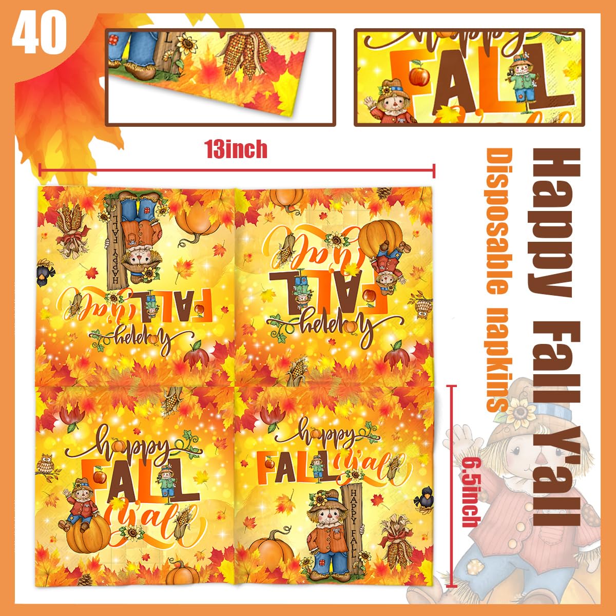 40Pcs Fall Napkins-Happy Fall Y'All Decorations Scarecrow Thanksgiving Autumn Disposable Paper Napkins For Harvest Fall Party De