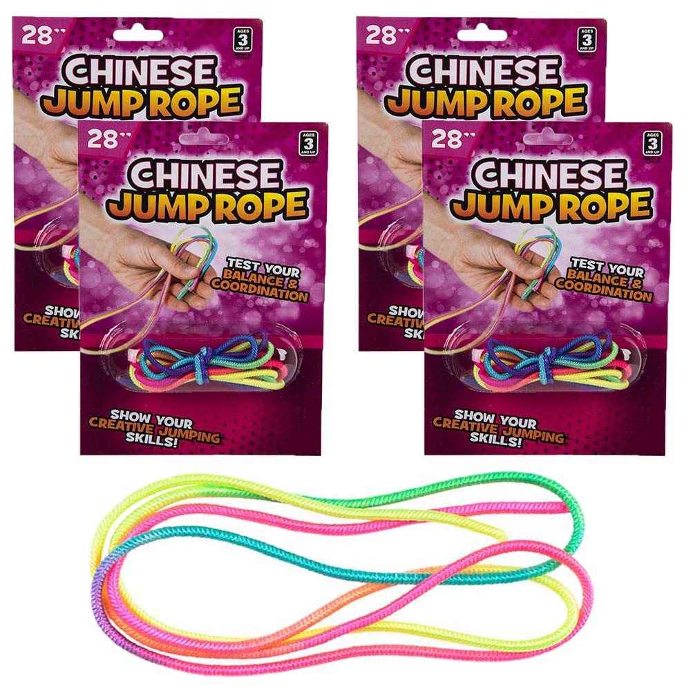 The Dreidel Company Chinese Jump Rope (4-Pack), 28 Inch, Thick Elastic Ropes Kids Fitness, Great For Outdoor Play, 28'