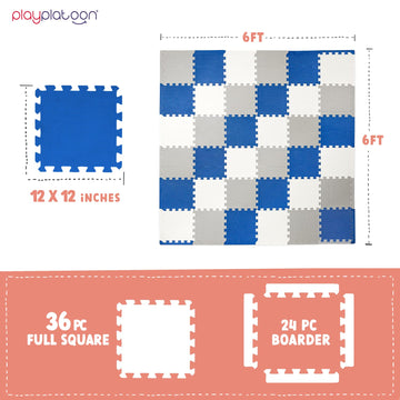 Play Platoon Non-Toxic Foam Puzzle Floor Mat, Comfortable, Extra Thick, Cushiony Exercise And Play Mat For Toddlers, Kids & Adults, 36 Tiles (12'X12'), Grey/Cream/Navy