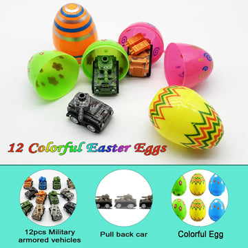 Dreamplay Car Toys Filled Easter Eggs, 12 Pcs Army Pull Back Car Toys Pre Filled Plastic Easter Eggs Bulk For Kids Toddlers