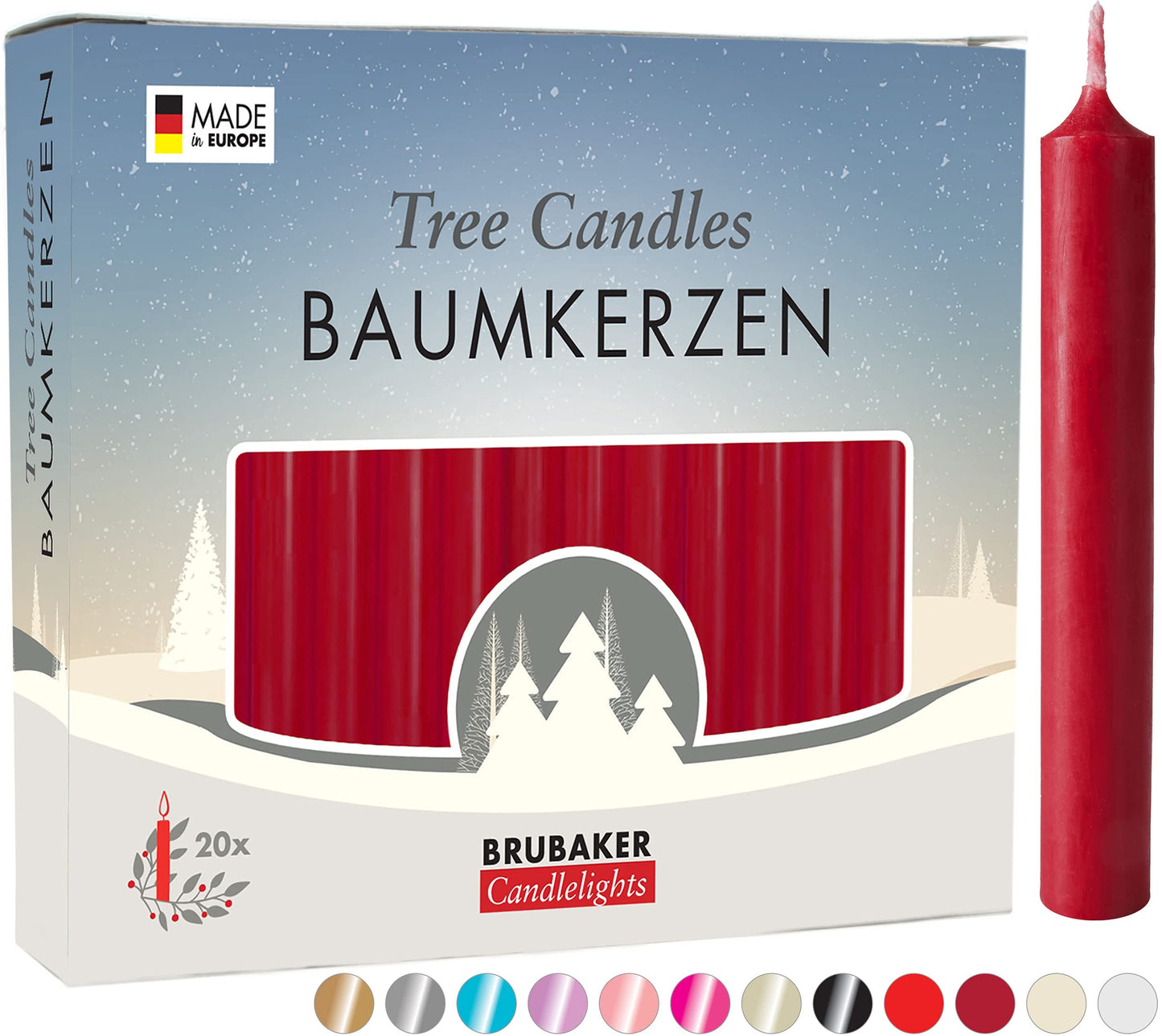 BRUBAKER Tree Candles - Pack of 20 - Dark Red - 3 x  Inches (9.5 x 1.27cm) - Made in Europe - Pyramids, Carousels & Chimes