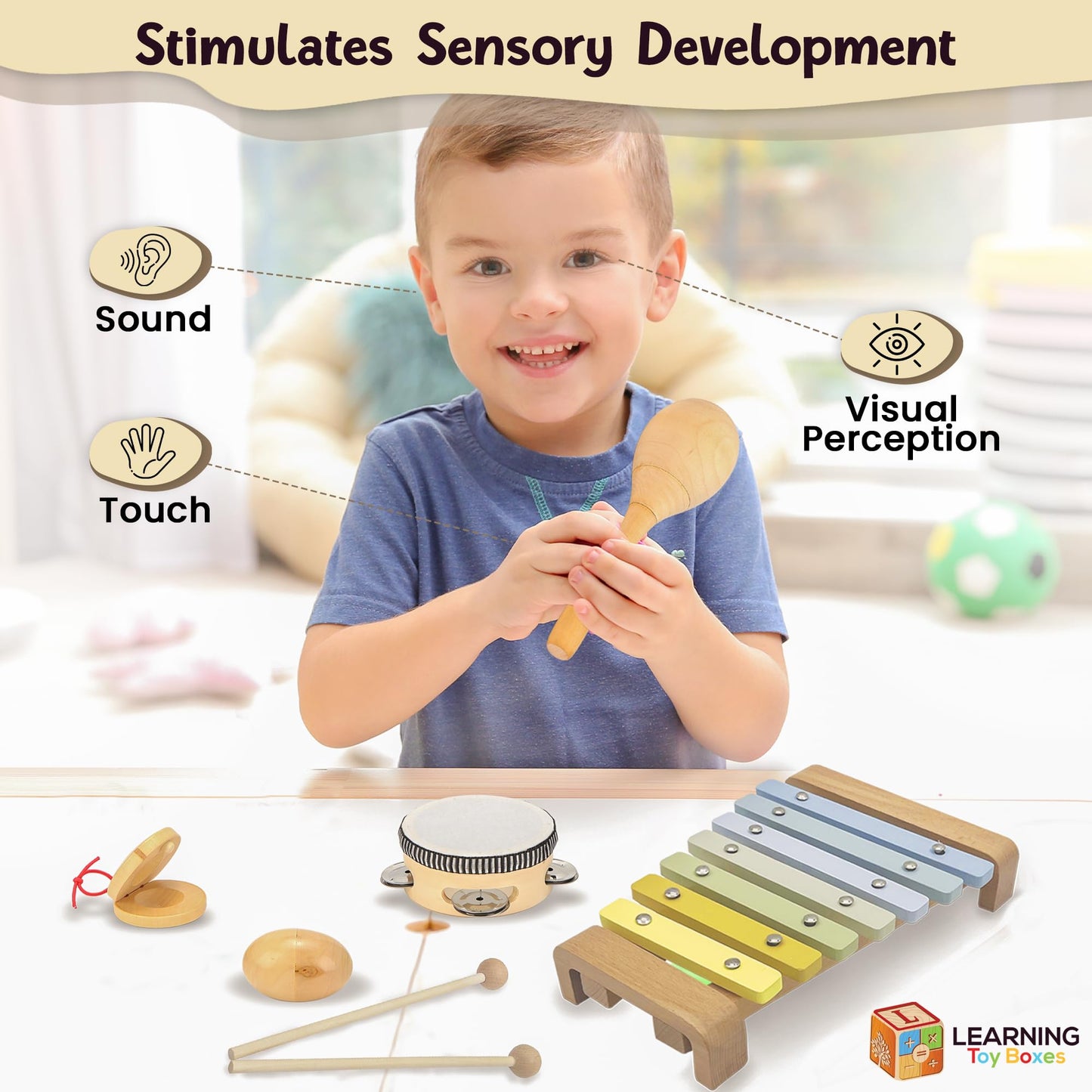 Natural Wooden Toddler Musical Instruments - Montessori Musical Instruments For Toddlers 1-3 Grades – Colorful Kids Xylophone Tambourine Maracas Shaker Egg Castanet Baby Musical Instruments