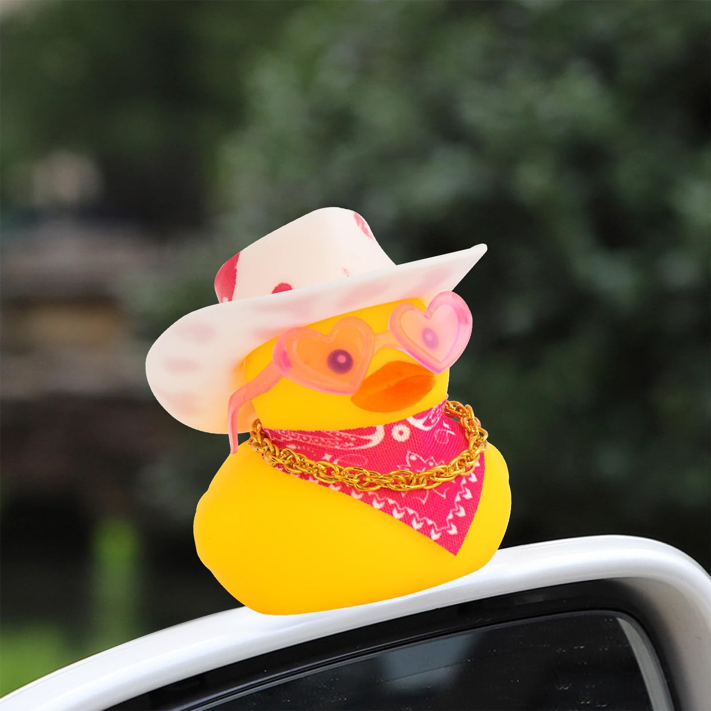 Wonuu Car Rubber Cowboy Ducks, Yellow Duck Decoration Dashboard With Cowboy Hat Necklace Sunglasses, Pink Spots White Cowboy