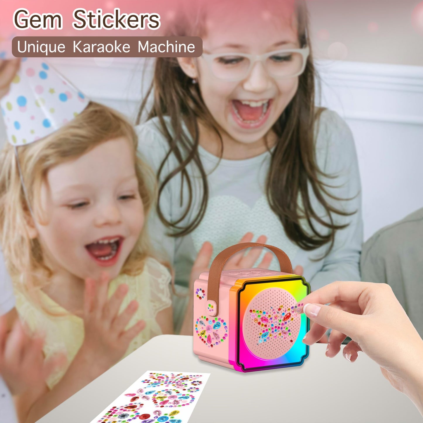 Mini Karaoke Machine With 2 Wireless Microphones, Adults Kids Toys, Gems Stickers, Portable Bluetooth Speaker, Christmas Birthday Gifts For Girls 4, 5, 6, 7, 8, 9 + Year Old (Pink)