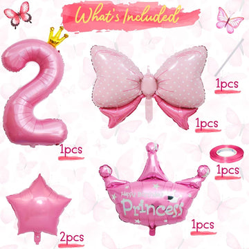 Pink 2Nd Birthday Decorations, Pink 2Nd Birthday Balloon Set With 40 Inch Pink Number 2, Large Helium Foil Mylar Princess Crown Balloon, Pink Bow Foil Balloons For Girls Birthday Party Decoration