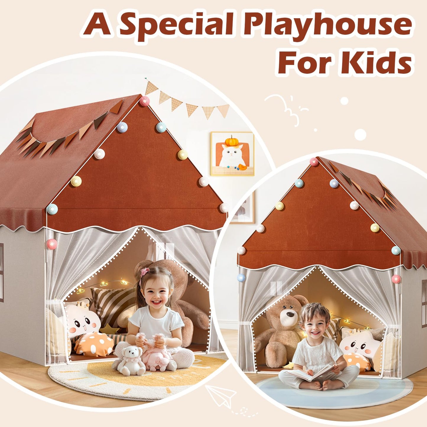 Eaglestone Kids Play Tent With Star Light And Padded Mat, Playhouse For Kids, Neutral Color Play Room Furniture, Indoor Bed Tent Gift Toys For Toddle,Boys, Girls, Youth, Teens