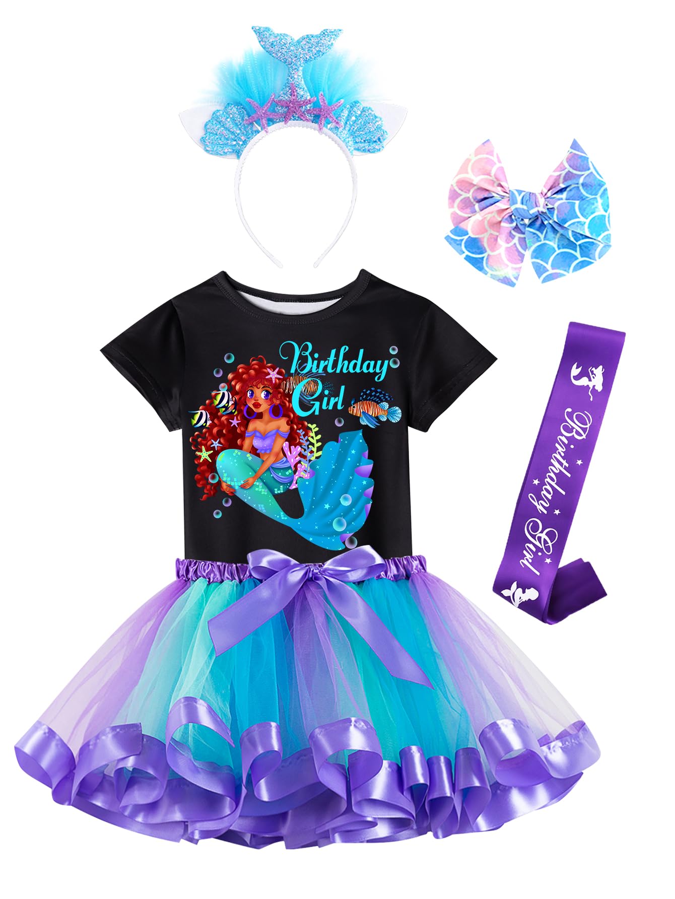 Doctor Unicorn Birthday Girls Mermaid Outfit Set Costume Tutu Skirt Dress, Mermaid Birthday Shirt, Headband & Satin Sash (Black-2, 8-9 Years)