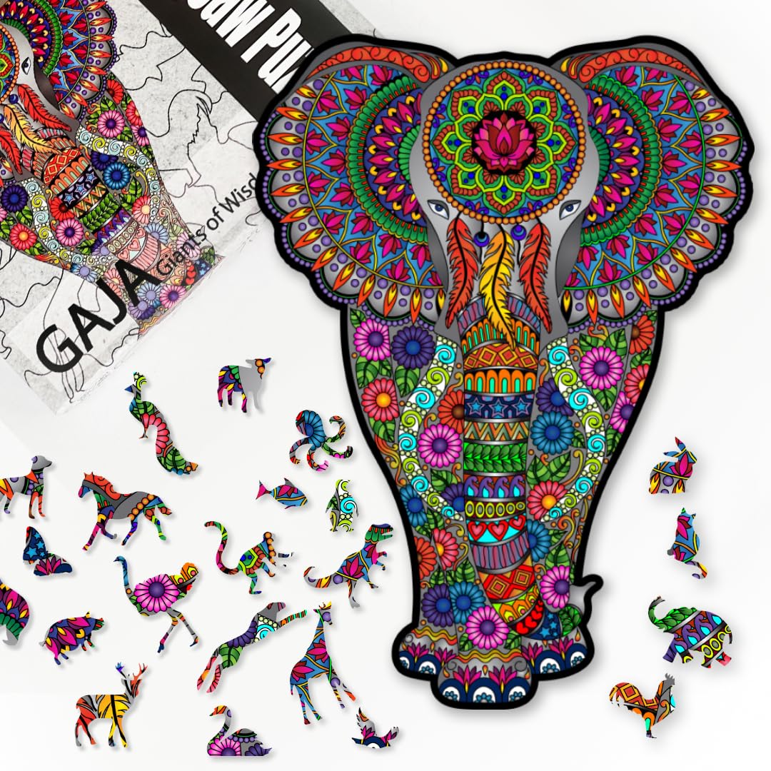 Ambiyaa Indian Elephant | Wooden Jigsaw Puzzle For Kids & Adults | 31 Unique Animal Shape Pieces | Challenging And Educational P