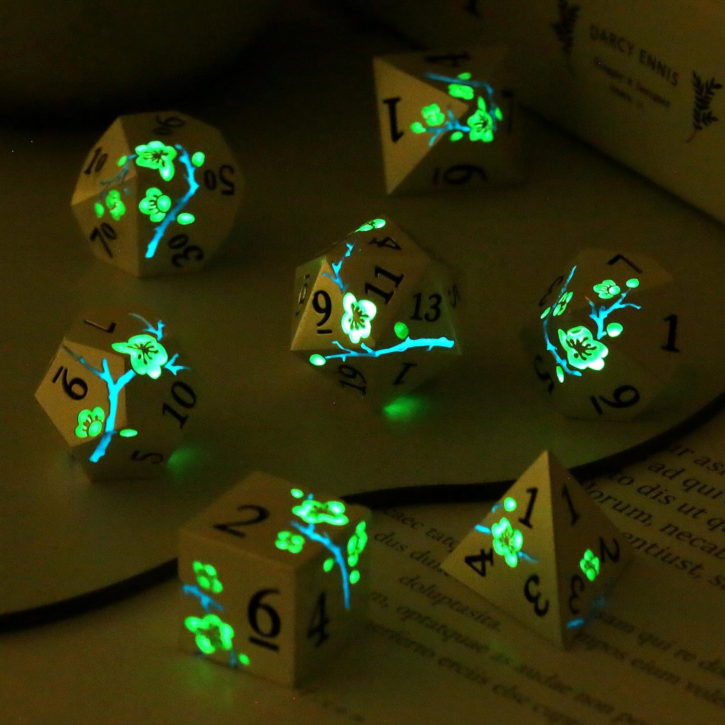 Glow in The Dark Metal Dice, DNDND 7 PCS Green Metallic D&D Dice Set with Grogeous Gift Case for Dungeons and Dragon Tabletop Ga