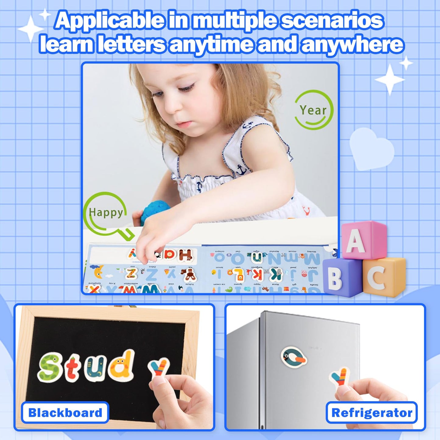 Fullware Portable Animals Magnetic Alphabet Letters Learning Board, Foldable, Upper & Lowercase, Spelling, Fridge Magnets For To