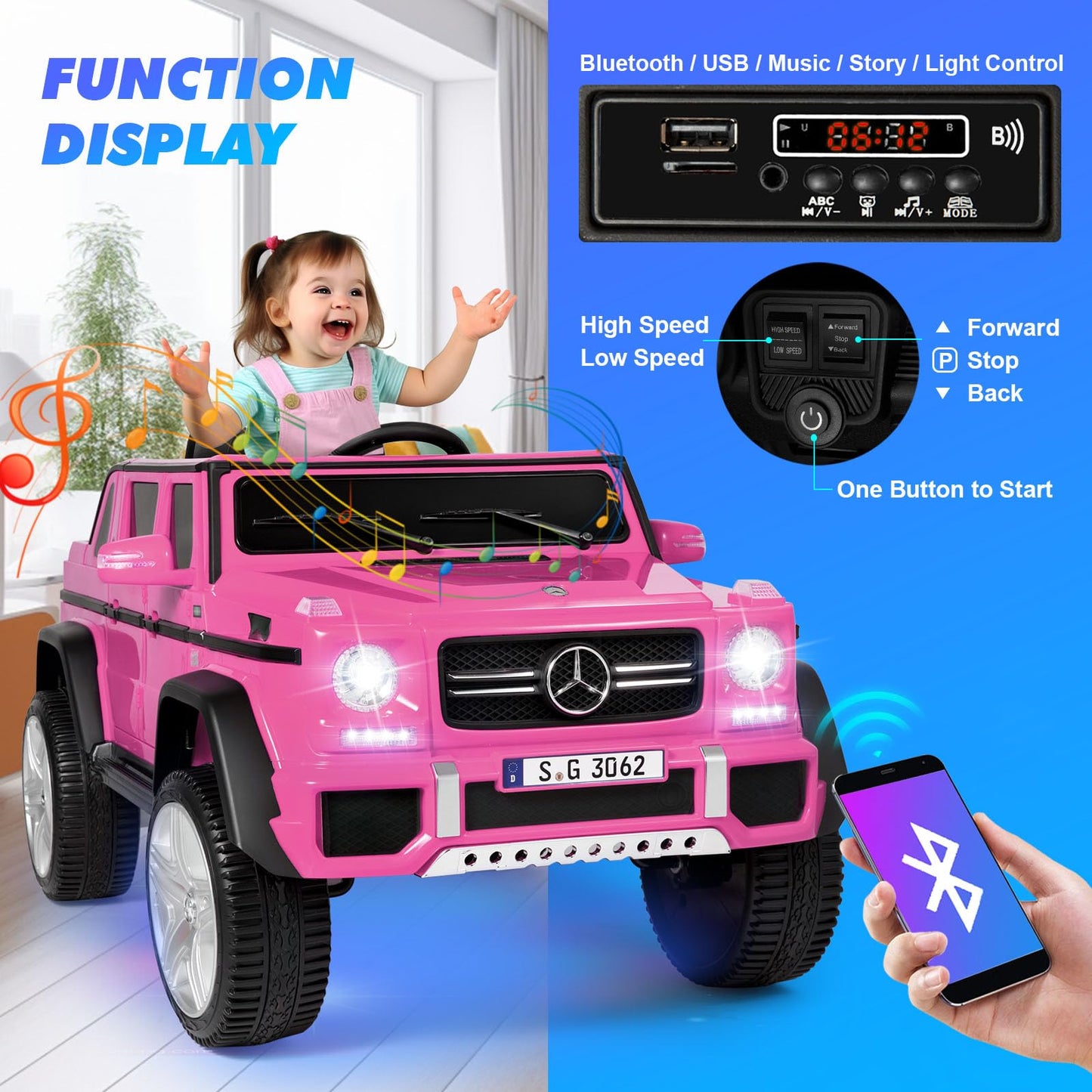 JOYLDIAS Licensed Mercedes-Benz G650S Ride On Car for Kids  12V7AH Kids Ride On Truck with 2.4Ghz Remote Control  3 Speeds  Bluetooth Music LED Lights  Spring Suspension  Pink