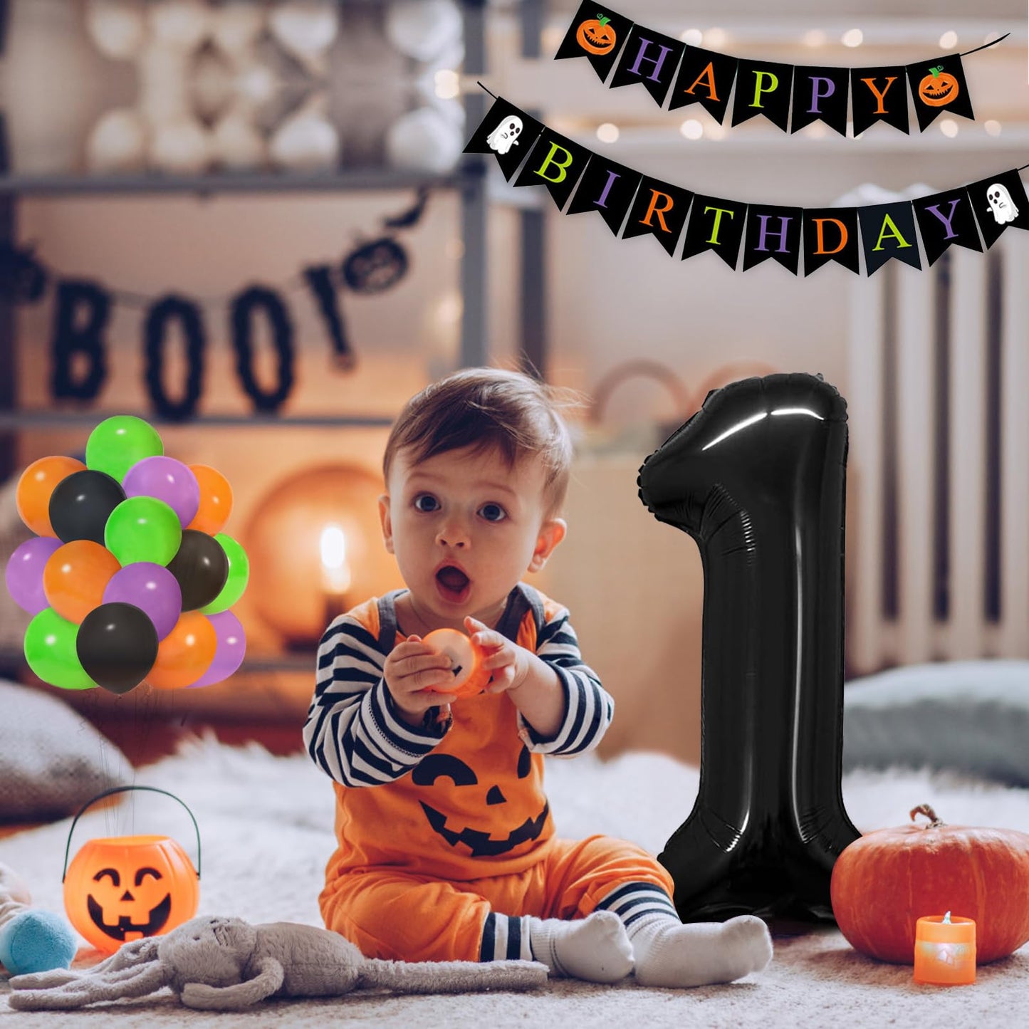 Halloween 1St Birthday Decorations For Boys /Girls-Black Orange Purple Green Halloween Balloons With 40Inch Black 1 Balloon And