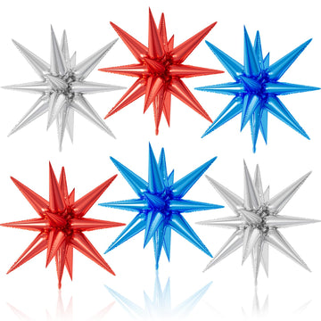 6PCS Star Balloons, 22Inch Blue Red and Silver Star Balloon Explosion Foil Balloons Cone Spike Balloon for Birthday Graduation P
