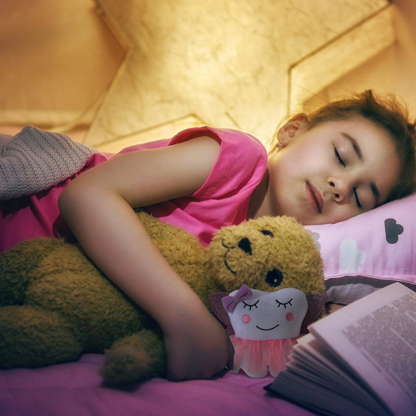 Free-Space Tooth Fairy Pillow With Pocket Ballet Doll For Girl Shiny Wings Crystal Velvet Tooth Fairy Keepsake Gifts (Pink)
