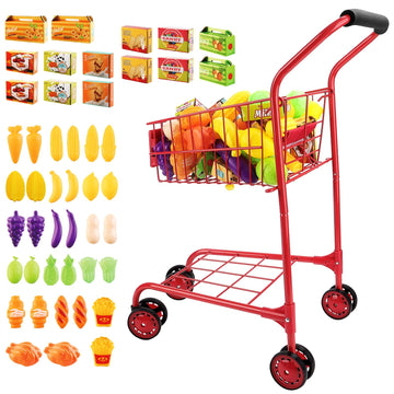 Deao Shopping Cart For Kids,Metal Toy Shopping Cart For Toddlers 46 Pcs Food Fruit Vegetables Pretend Play Food Role Play,Educat