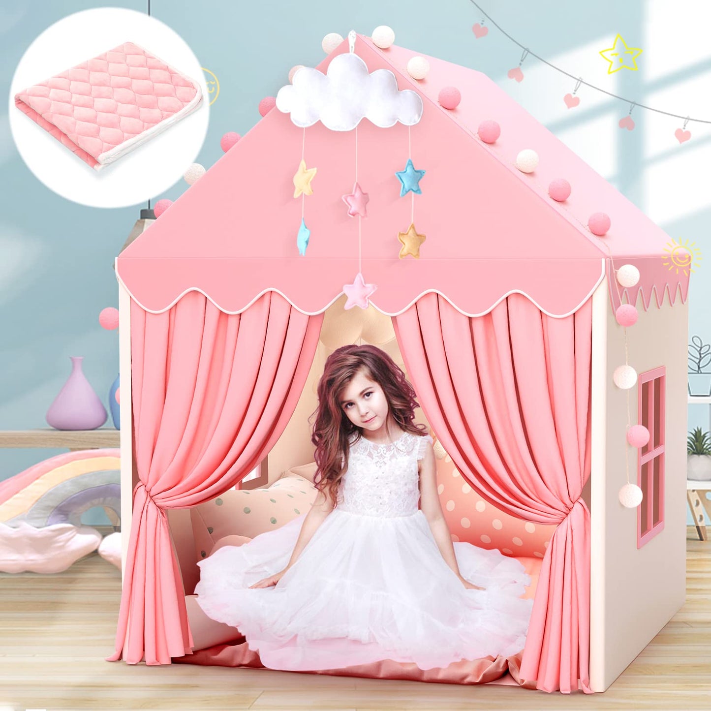 Kids Play Tent with Mat for Girls Large Fairy Playhouse for Kids Princess Castle Tent Gift Toys for Girl Toddler Children Play H