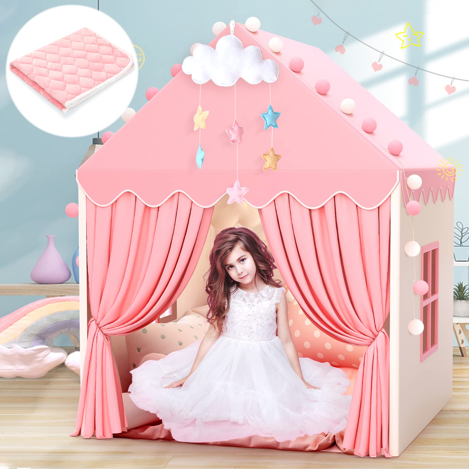 Kids Play Tent with Mat for Girls Large Fairy Playhouse for Kids Princess Castle Tent Gift Toys for Girl Toddler Children Play H