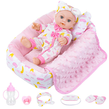 12 Inch Baby Doll Crib Playset with Dolls Clothes and Accessories Including Soft Sleep Bassinet Bed  Bottles  Nipple  Eye Mask  Slippers  Blanket  Pillow  Gift Idea for Ages 3+