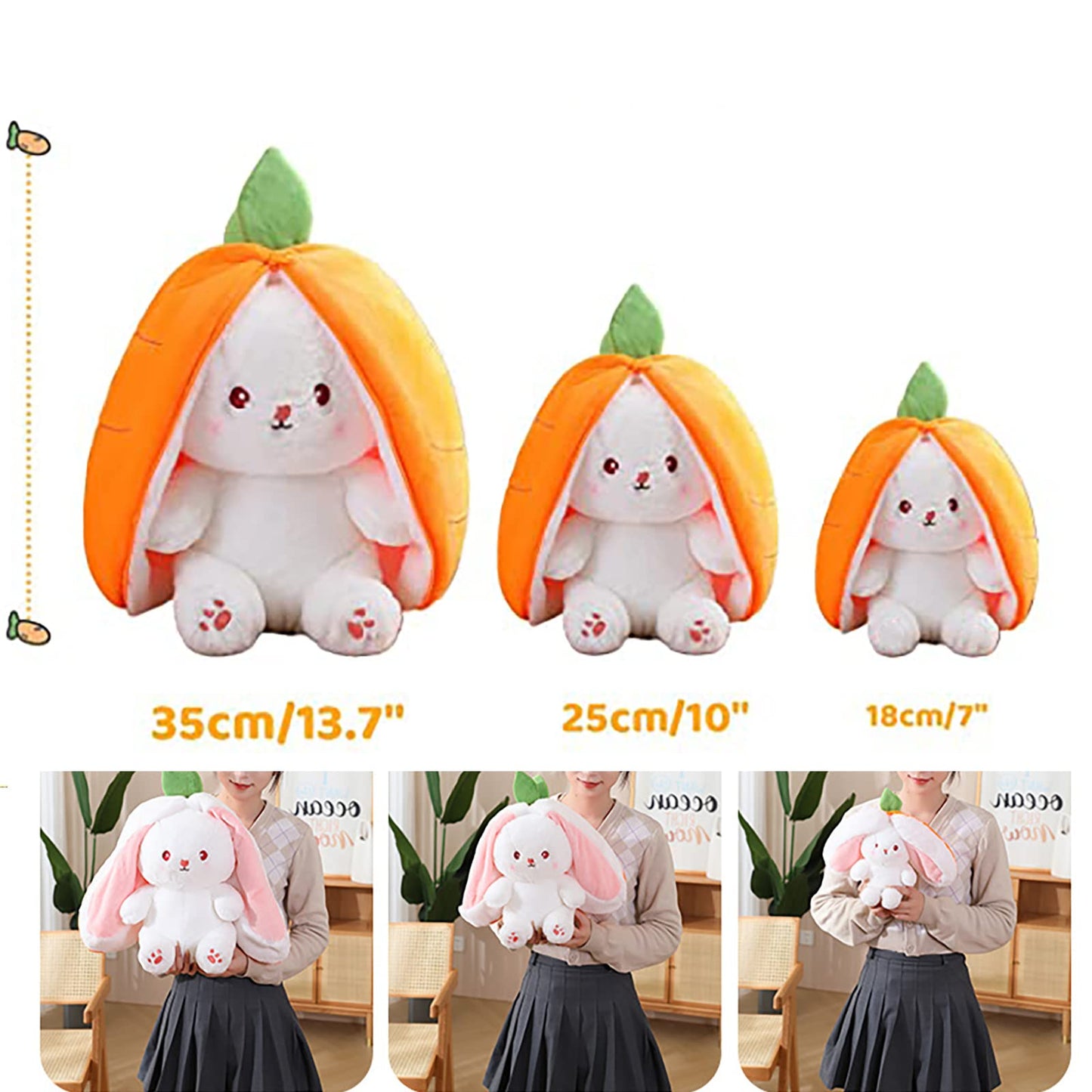 Mukorolee 2Pcs Plush Toy Pillows: Reversible Carrot Strawberry Bunny With Zipper, Easter Stuffed Animal Rabbit Plushie - Cute Birthday Gift For Kids (13.8' Set)