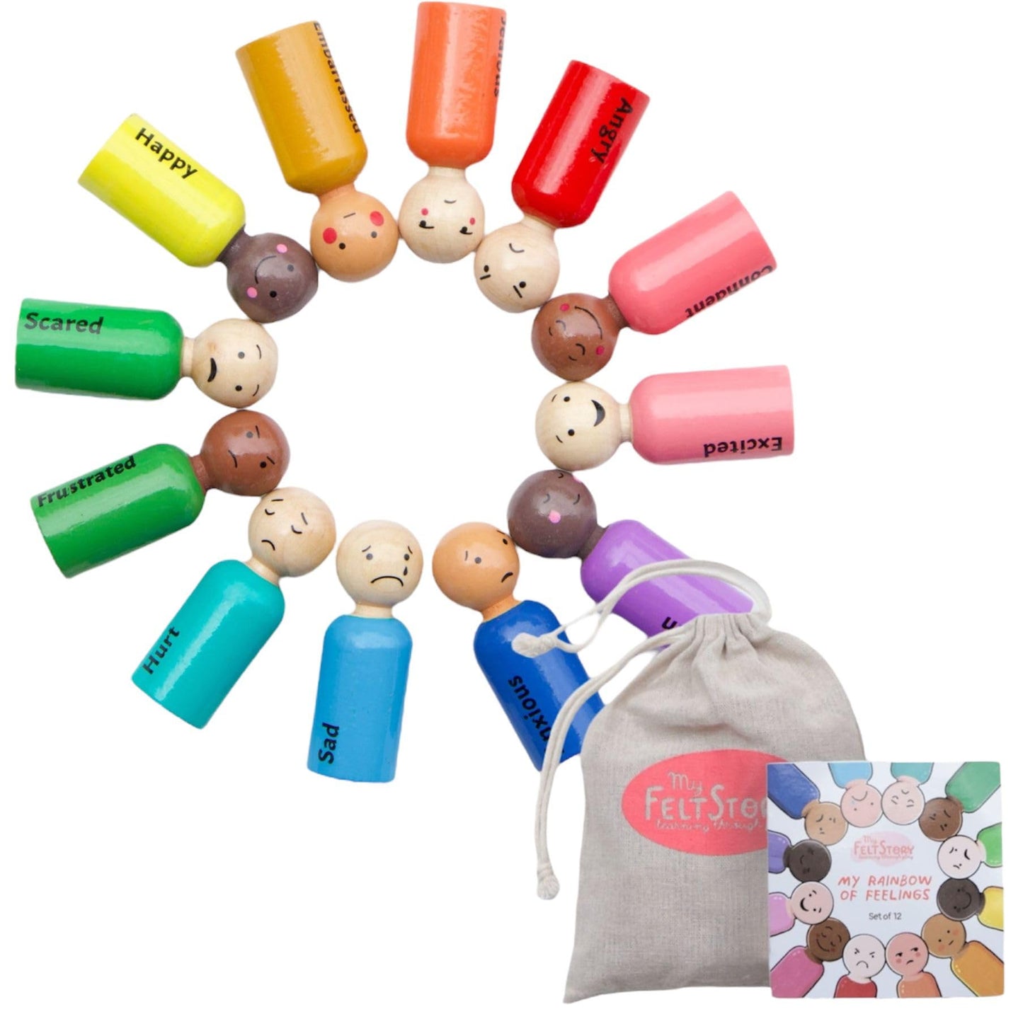 My Felt Story Set Of 12 - Rainbow Wooden Peg Dolls With Emotions | Multicultural Skin Tone Figures | Sensory Autism Toys For Toddlers, Early Education, Social Emotional Therapeutic Learning