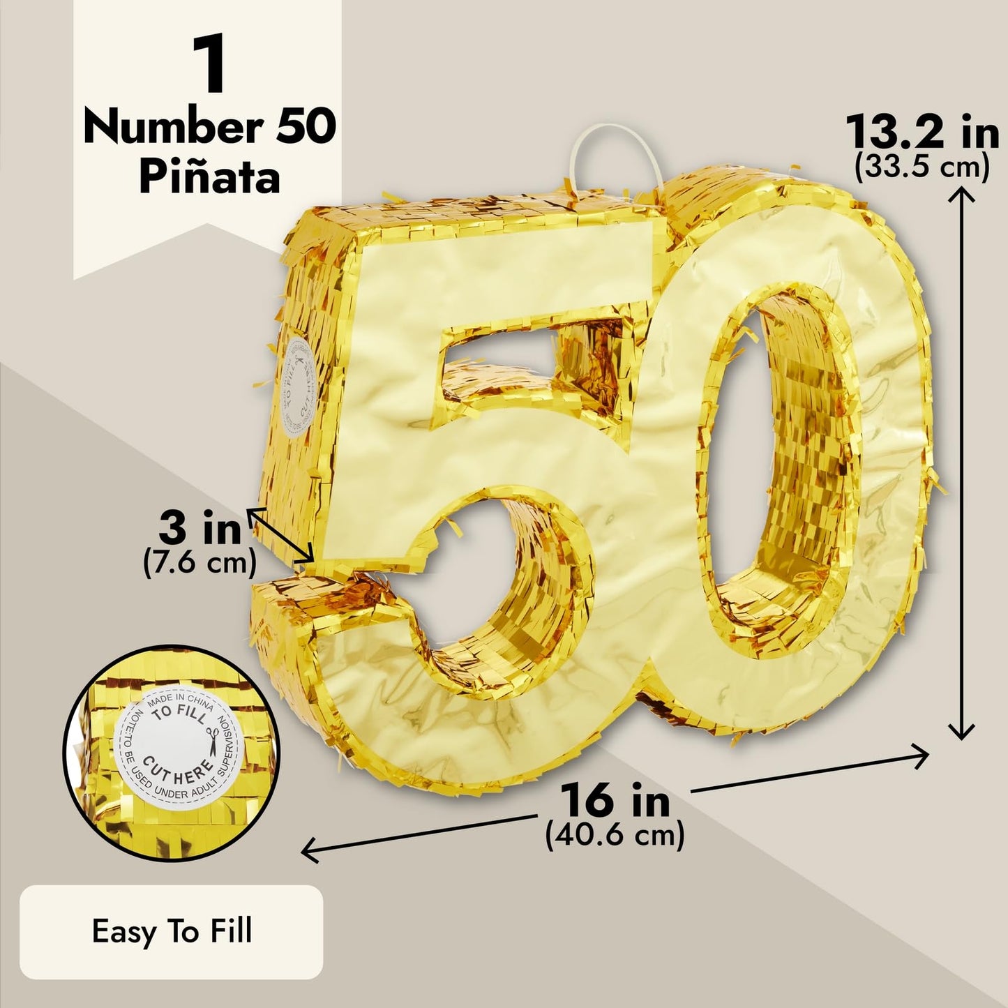 Sparkle and Bash Gold Foil Number 50 Pinata - 50th Birthday Decor, Small Size (16 x 3 x 13.2 Inches), Paper Material