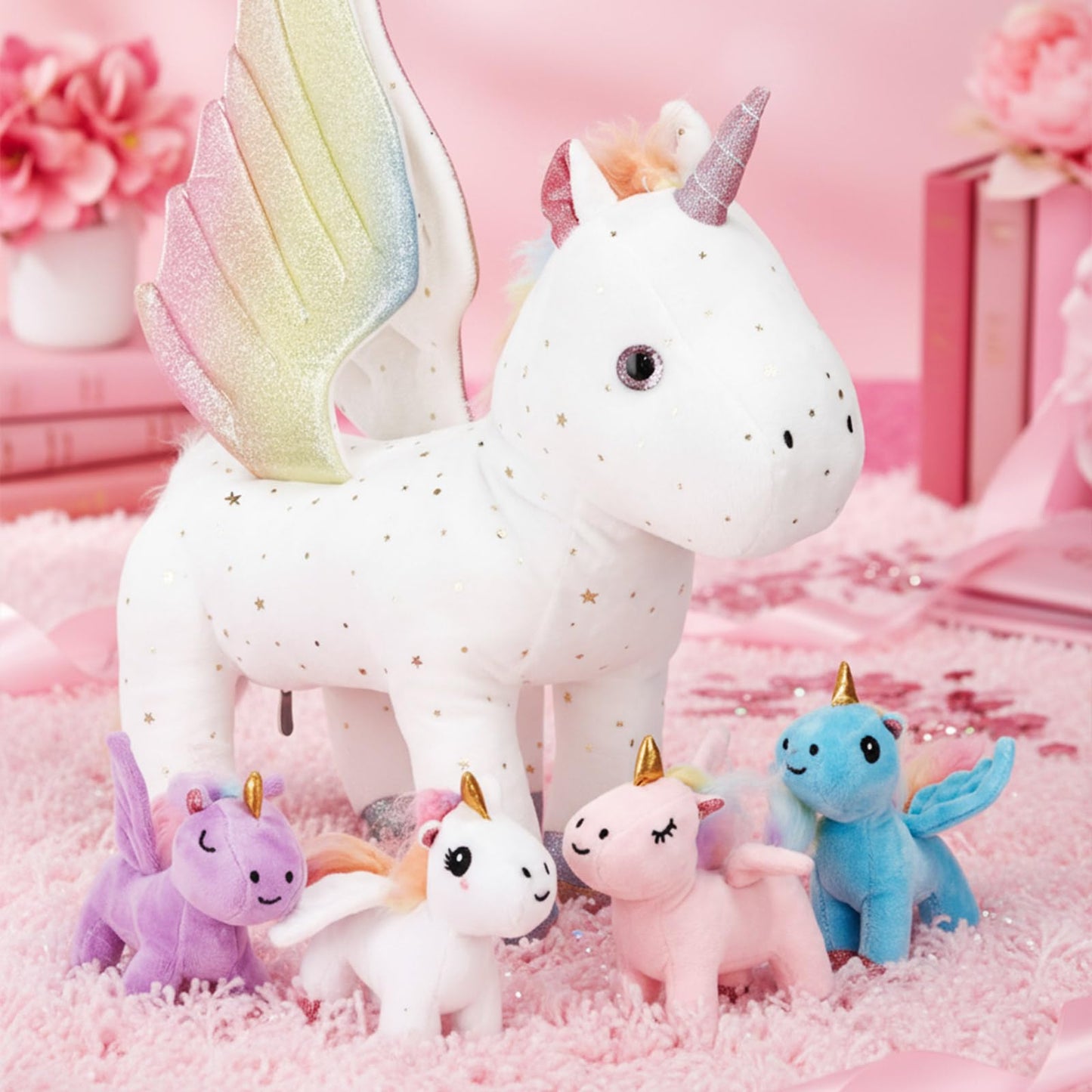 Hollowfly Unicorn Plush Toy Set - 5 Pcs, Large & Small, PP Cotton, White/Pink/Blue/Purple/Gold, DUC-Hollowfly-3821