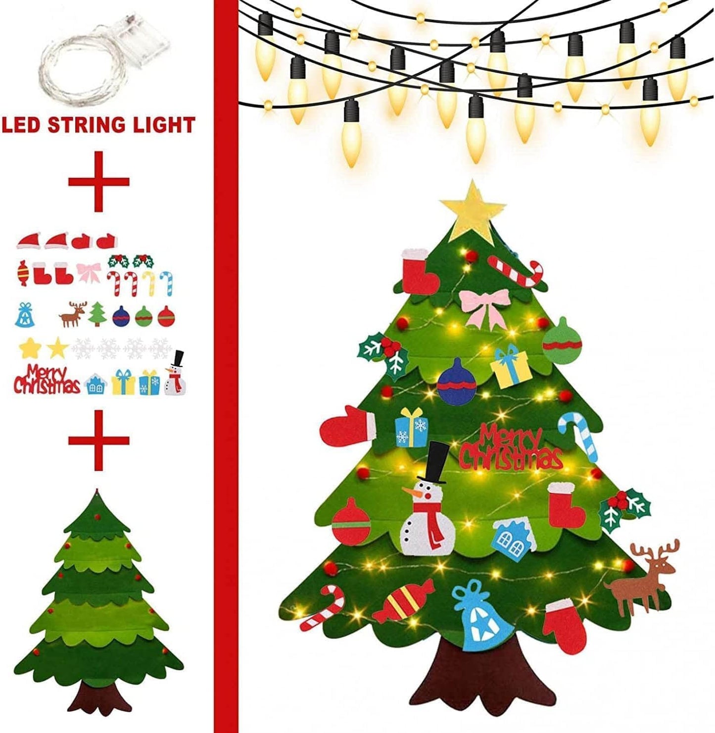 Montessori Felt Christmas Tree for Toddlers, Interactive DIY Felt Christmas Tree Set with 3 Meters Led String Light