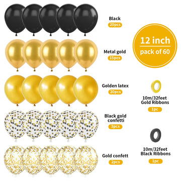 Biapian Black And Gold Balloons, 60Pcs Black Gold Birthday Balloons, 12 Inch Metallic Gold Confetti Balloons Pearl Gold Black La