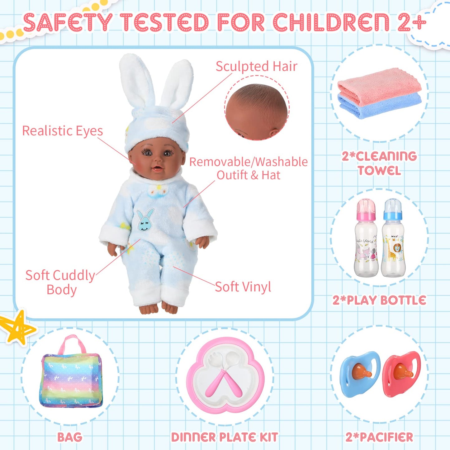 10 Pcs Realistic Twin Baby Dolls Toy Set Include 2 Pcs 12 Inch Baby Dolls  Feeding Set  Pacifiers  Doll Diapers  Bags  Milk Bottles Removable Outfit for Toddler Kids 6+ Gift(Black)