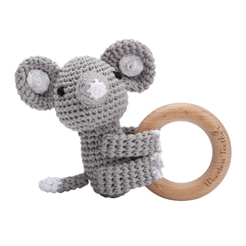 Wooden Teether Crochet Baby Rattle, Crochet Baby Toys, Organic Wooden Newborn Toys, Newborn Animal Rattle Toys,Knitted Stuffed A